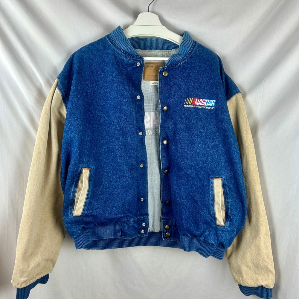 Vintage 90s NASCAR Three Rivers Denim Varsity Jacket Men Large Blue Tan USA Made - Picture 3 of 13